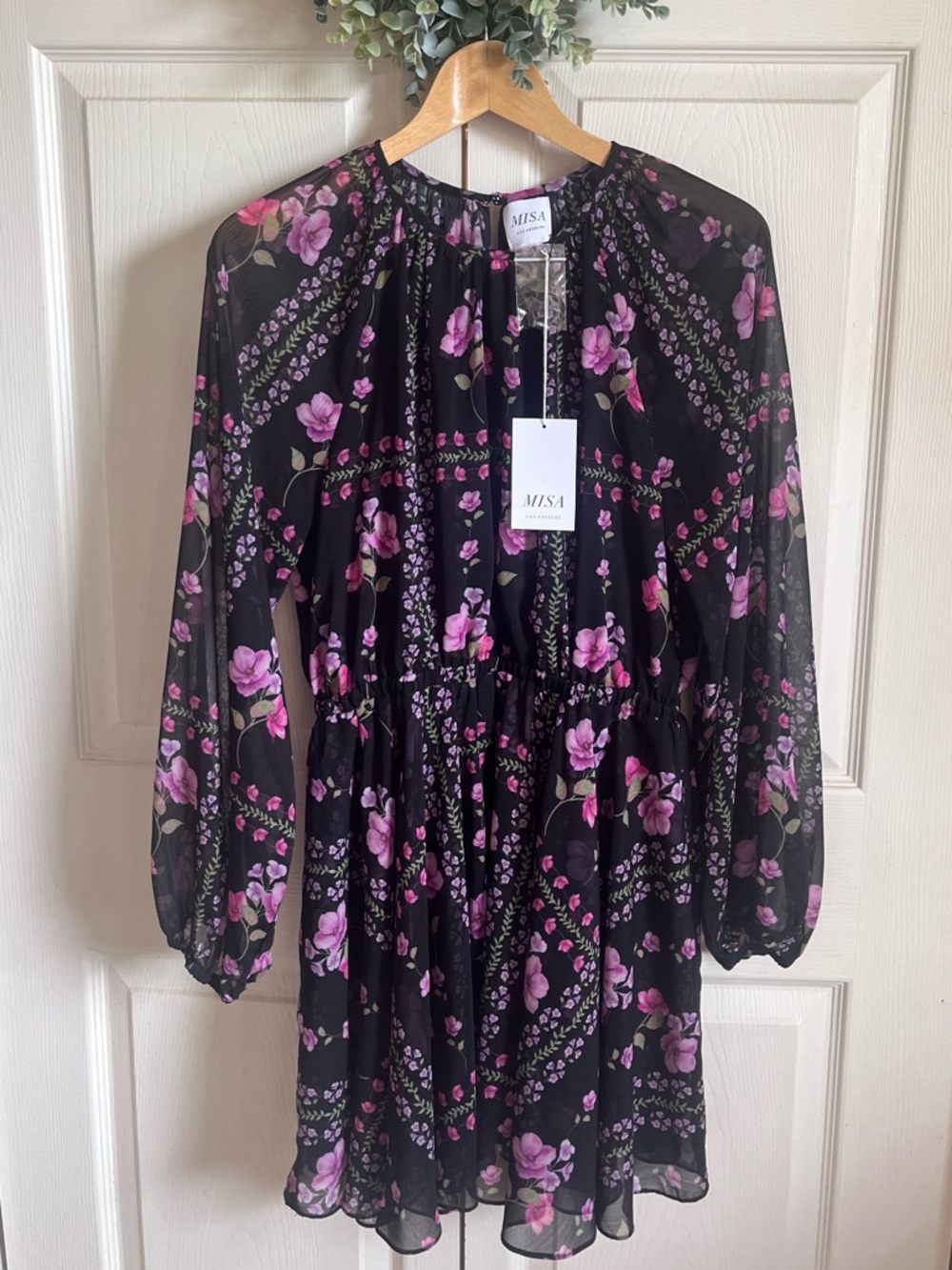 MISA Black Floral Long-Sleeve Mini Dress - Pink, Lavender & Green Floral Print